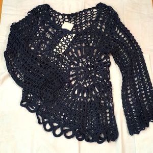 NWOT PAPILLON navy macrame asymmetrical pullover top with bell sleeves